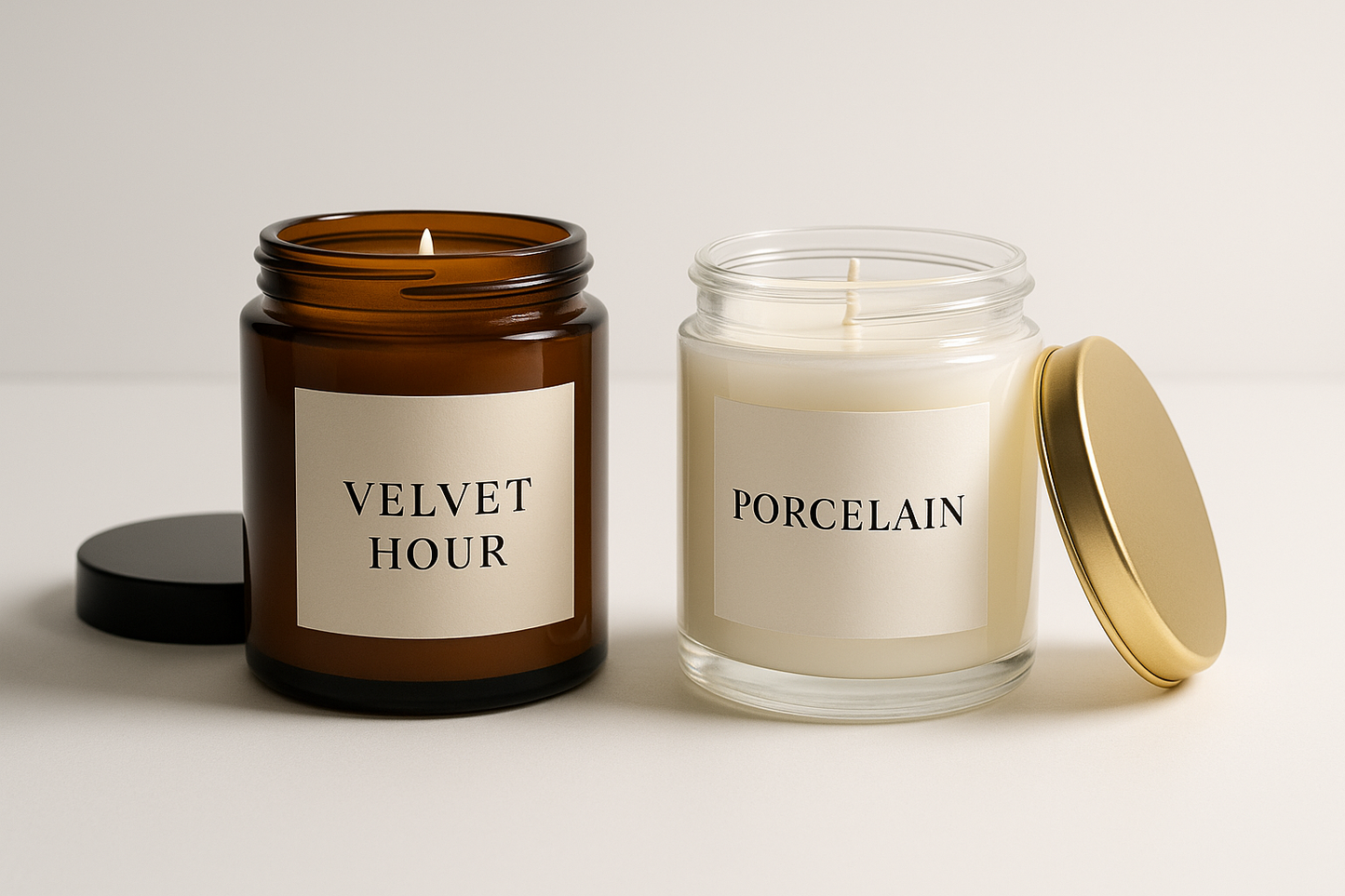 Two luxury soy candles displayed together: Velvet Hour + Porcelain
Velvet Hour: amber glass jar, black tin lid
and Porcelain: clear glass jar, gold tin lid (lid resting on side). Each candle in minimalist style, clear product photography on a clean surface with soft, diffused lighting. Labels feature only the candle names in elegant lettering, no extra design. Lids styled beside the jars. High-resolution studio product shot, luxury aesthetic, shallow depth of field, professional lighting